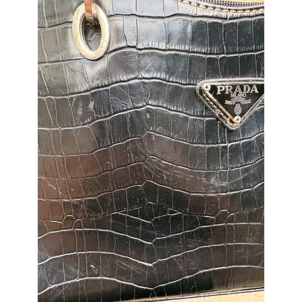 Black Croc Embossed Leather Shoulder Bag Chain Strap Triangle Logo - Picture 3 of 9